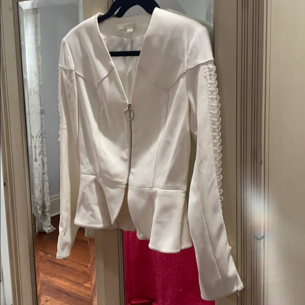 Cream Peplum Zip-Front Blazer Jacket with Sleeve Lace-Up Detail